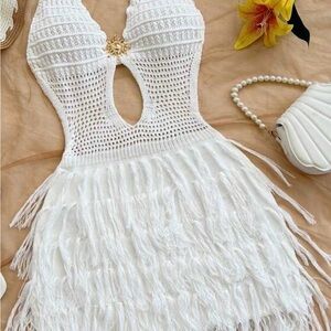 White Crochet Fringe Mini Dress